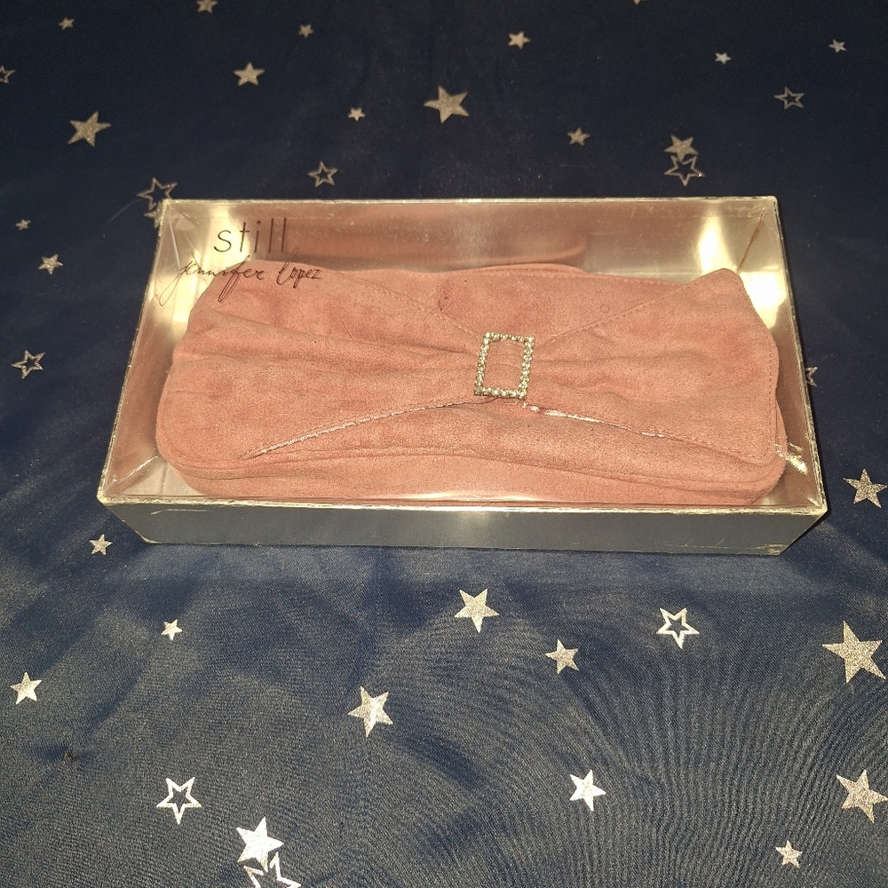 NIB STILL JENNIFER LOPEZ PINK FAUX SUEDE CLUTCH WITH BLING